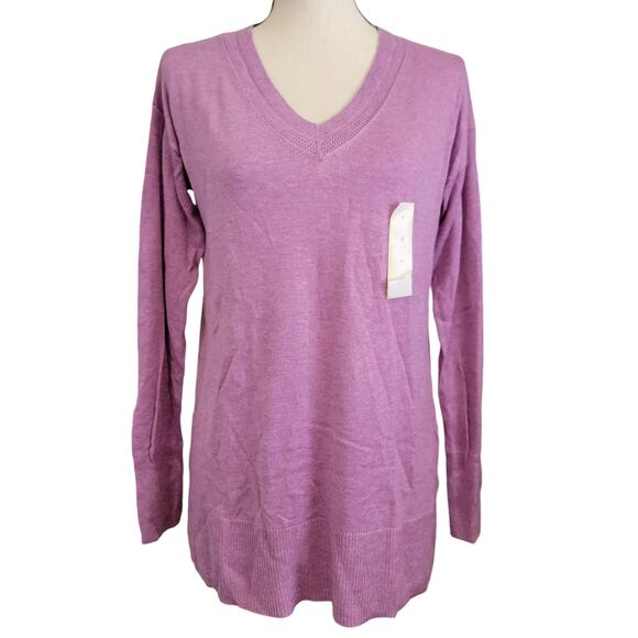 A New Day Purple Sweater Womens Sz S Pointelle Modal‎ V Neck Pullover Tunic Knit - Picture 1 of 8